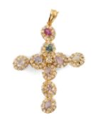 MULTI-GEM CROSS-FROM PENDANT in 9ct gold, set with nine oval-cut coloured stones bordered with white