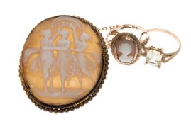 CAMEO BROOCH CARVED WITH THE THREE GRACES, in unmarked yellow metal mount, 47 x 40mms; together with