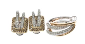 TWO PAIRS OF BI-COLOUR METAL DIAMOND EARRINGS, stamped '750', 23.5g gross (4) Provenance: deceased