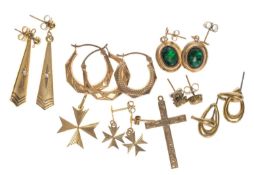 THREE PAIRS OF 9CT GOLD EARRINGS, including hoops, 20mms (diam.); together with a single 9ct gold