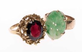 JADEITE RING & GARNET RING, oval jadeite panel ring later set to 9ct gold band, ring size P; and 9ct