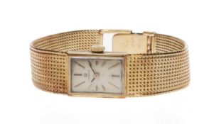 OMEGA 18CT GOLD LADIES' BRACELET WRISTWATCH, c. 1966, 16mms rectangular dial with baton numerals,
