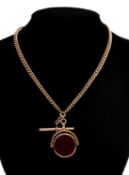 9CT GOLD ALBERT CHAIN, graduated curb link, T-bar, 9ct gold revolving carnelian and bloodstone