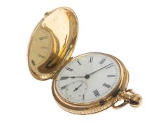 18CT GOLD SWISS LADIES' HUNTER FOB WATCH, white enamel dial subsid. secs, cuvette signed with