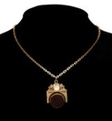 VICTORIAN 9CT GOLD & BLOODSTONE GATED SWIVEL FOB, 25mms, suspended from a 9ct gold block chain