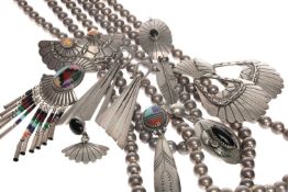 ASSORTED SOUTHWEST AMERICAN WHITE METAL JEWELLERY, Zuni etc., including three ball necklaces,