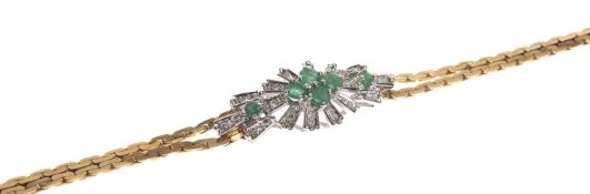 EMERALD & DIAMOND CLUSTER BRACELET in 18ct white and yellow gold, centred with four small round