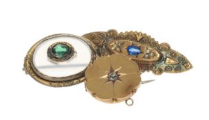 9CT GOLD SEED PEARL & BLUE PASTE STONE BROOCH, 47mms, 2.7g; together with a late Victorian gold