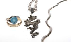 14CT GOLD WEDDING RING, size K, 2.5g; together with a sterling-silver dragon pendant necklace,