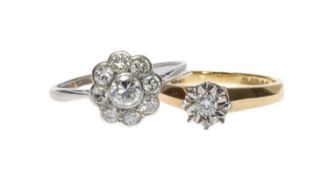 TWO DIAMOND RINGS, comprising platinum flower cluster ring, total diamond wt. approx. 0.6ct, 2.