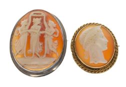 TWO ITALIAN SHELL CAMEOS, comprising a well carved oval cameo of Hera, in yellow metal frame (