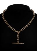 9CT GOLD TROMBONE LINK ALBERT CHAIN, with T-bar and two lobster clasps, links stamped, 37cms,