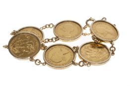 SIX GOLD SOVEREIGN COIN BRACELET, 9ct gold frame set with sovereigns dating from the 1960s, gross