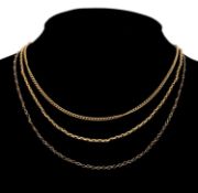 THREE CHAINS, comprising 15ct gold curb link chain 4.6g, 9ct gold 8-link chain 2.3g, and unmarked