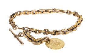 VICTORIAN STYLE BLOCK LINK WATCH ALBERT, unmarked but testing as 9ct gold, with a spring clip marked