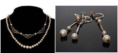 9CT GOLD CULTURED PEARL 'BUTTERFLY WING' FRINGE NECKLACE, 39cms (l), 6.6g; together with a