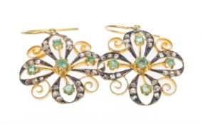 PAIR OF SILVER GILT ROSE-CUT DIAMOND & EMERALD EARRINGS, stamped '925', 2.6g gross (2) Comments:
