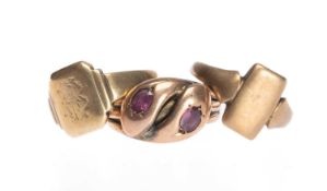 9CT GOLD SERPENT RING, set with two synthetic rubies, size S; together with a 9ct gold signet