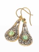 PAIR OF SILVER & SILVER GILT EARRINGS, set with cabochon emeralds and rose-cut diamonds, stamped '