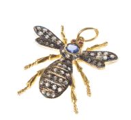 SILVER GILT MULTI-GEM INSECT PENDANT, round-cut tanzanite, red spinel eyes and tiny rose-cut