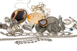 ASSORTED MOSTLY SILVER JEWELLERY, abalone shell heart pendant, shell cameo, St. Christopher pendant,