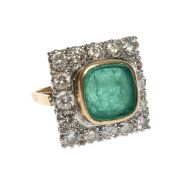 SYNTHETIC EMERALD & DIAMOND DRESS RING, flat cut emerald (10 x 10mm) within border of 16 brilliant-