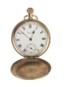 WALTHAM GOLD PLATED HUNTER POCKET WATCH, c. 1908, white enamel Roman dial, keyless wind 'Traveler'