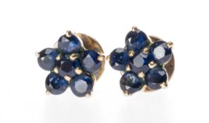 PAIR OF SAPPHIRE CLUSTER EAR STUDS, each set with six round-cut sapphires totalling approx. 0.