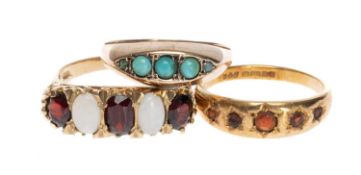 THREE GOLD RINGS, comprising 9ct five-stone garnet & opal ring in the Victorian taste, hallmarked