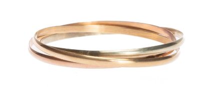 9CT THREE-COLOUR GOLD TRINITY BANGLE, cuff size 65mms (diam.), 21.2g Provenance: private