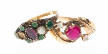 TWO GOLD RINGS, comprising 14ct three-stone ruby and presumed cz leaf ring, size N, and 9ct split