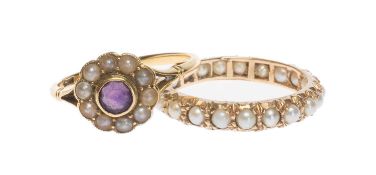 YELLOW METAL MOUNTED SPLIT PEARL ETERNITY RING, size O; together with 18ct gold split pearl and