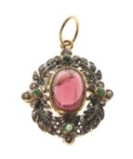 SILVER GILT MULTI-GEM PENDANT, central rhodolite garnet cabochon, four small emerald cabochons, tiny
