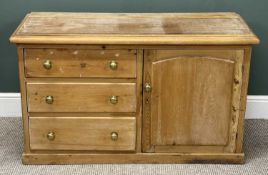 STRIPPED PINE THREE-DRAWER CUPBOARD, with single door, 72 (h) x 123 (w) x 47cms (d) Provenance: