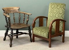 TWO VINTAGE CHAIRS, a smoker's bow and an upholstered seated and backed reclining chair