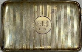 GEORGE V SILVER CIGARETTE CASE of rectangular curved design, engine turned decoration, cartouche