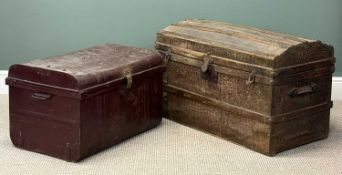 VINTAGE TOME-TOP TRUNK, 58 (h) x 93 (w) x 51cms (d); and a tin trunk, 46 (h) x 73 (w) x 49cms (d)