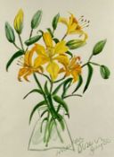 ‡ MARION OLSEN (New Zealand, active 1966-present) watercolour - still life, vase of yellow lilies,