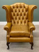 VINTAGE LEATHER-EFFECT BUTTON & WING BACK ARMCHAIR, in tan colour, 109 (h) x 96 (w) x 50cms (d)