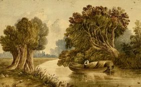 19TH CENTURY ENGLISH SCHOOL watercolour - figure in barge by willow trees in river, unsigned, 24 x