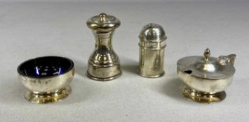 ELIZABETH II CIRCULAR SILVER MUSTARD POT & MATCHING OPEN SALT, each having blue glass liners, John