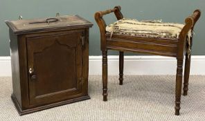 VINTAGE UPHOLSTERED PIANO STOOL, 58 (h) x 57 (w) x 34cms (d); and a single-door oak cupboard, 53 (h)