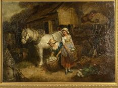 ATTRIBUTED TO GEORGE MORLAND oil on canvas - loading cart with vegetables, two horses, signed
