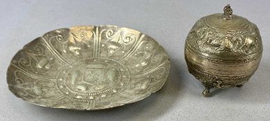 EASTERN CIRCULAR WHITE METAL COVERED BOWL, intricate repoussé and chased decoration of animals, on