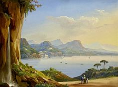 19TH CENTURY ITALIAN SCHOOL gouache - view over Italian bay, waterfall and figures to the