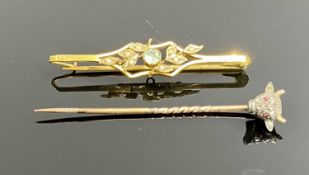 ANTIQUE BULL'S HEAD STICK PIN, white and yellow metal setting, ruby eyes and rose cut diamonds, 6cms