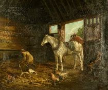 UNKNOWN 19TH CENTURY oil on canvas - stable interior with grey horse, figure, hound, and chickens,