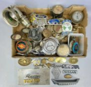 VARIOUS CAR BADGES & RELATED MOTORING ITEMS, including two Smiths dashboard clock, various rally