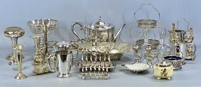 ASSORTED PLATED WARE, including cruets, swing-handled basket, tankards, teapot, toast racks, etc.