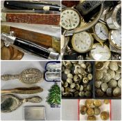 ASSORTED COLLECTABLES, including various wristwatches, railway buttons, silver-backed hand mirror